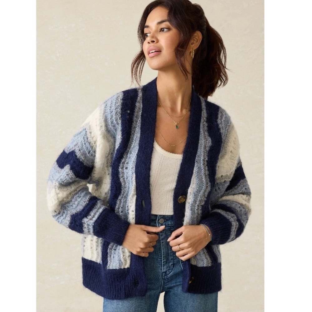 Faherty Freeride Cardigan Womens S Blue Ink Wave Alpaca Wool Wavy Stripe